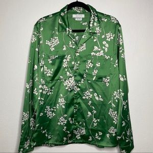 Urban Outfitters Green Floral Satin Button Down Shirt